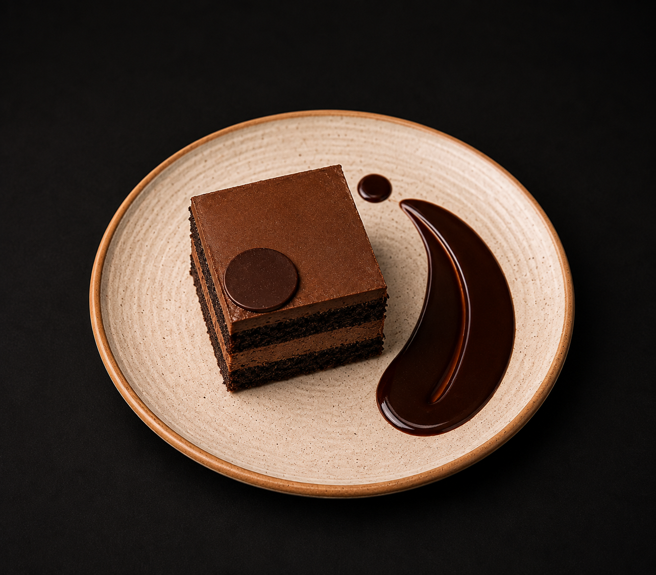 Chocolate Mousse layered cake with chocolate sauce